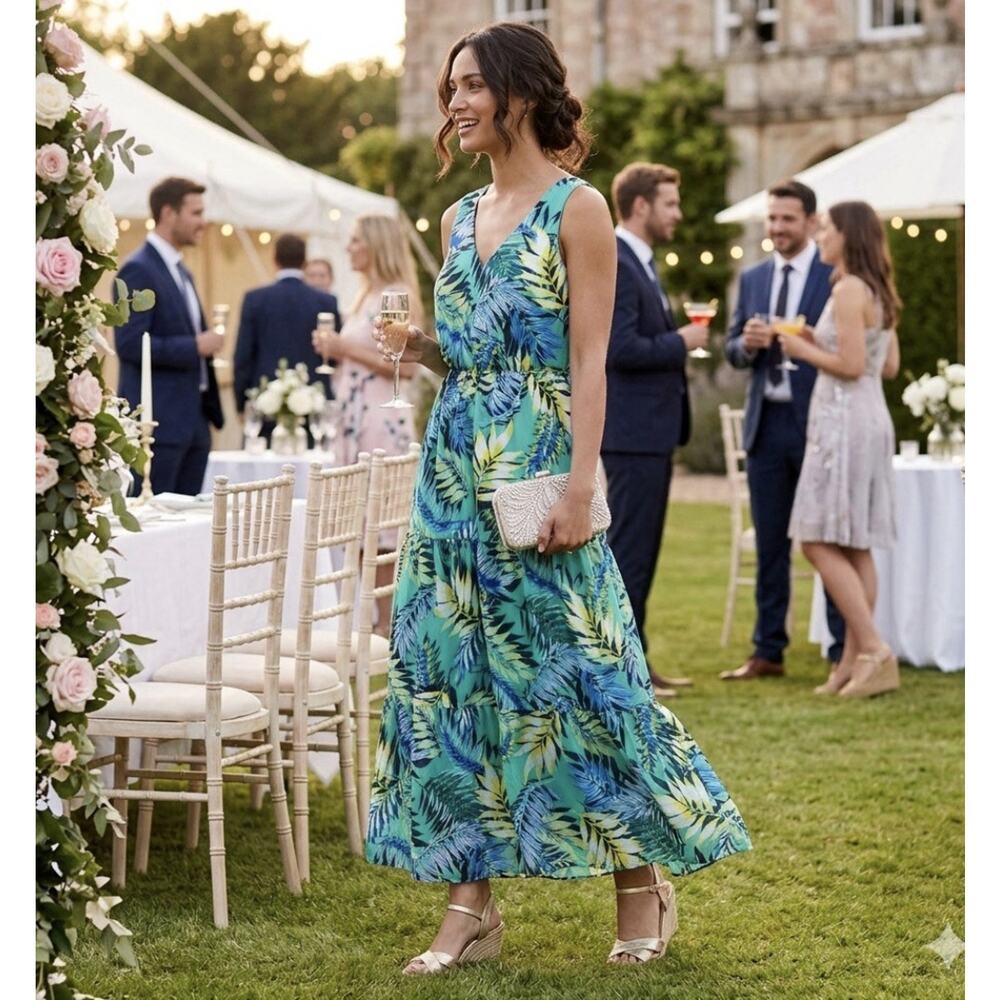 Nine West Tropical Maxi 8 Green Palm Leaf Sleeveless Tiered Resort Beach Wedding